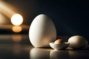eieren en een wit eierschaal Aan een tafel. ai-gegenereerd foto