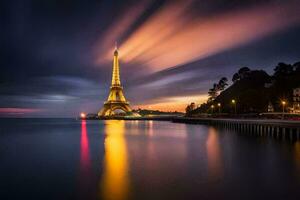 de eiffel toren in Parijs Bij nacht. ai-gegenereerd foto