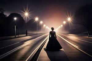 een vrouw in een lang jurk staand Aan de weg Bij nacht. ai-gegenereerd foto
