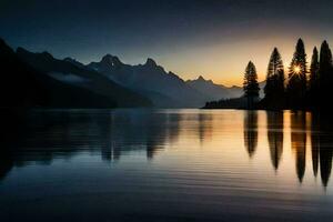 de zon sets over- een berg reeks en meer. ai-gegenereerd foto