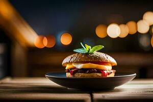 een Hamburger Aan een bord met een licht achtergrond. ai-gegenereerd foto