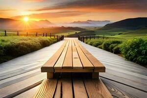 een houten bank Aan een houten loopbrug in voorkant van een zonsondergang. ai-gegenereerd foto