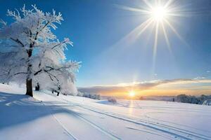 een besneeuwd landschap met bomen en zon. ai-gegenereerd foto