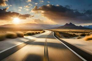 een weg in de woestijn met de zon instelling. ai-gegenereerd foto