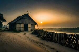 een klein hut zit Aan de zand Bij zonsopkomst. ai-gegenereerd foto