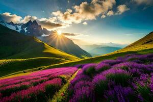 de zon stijgt over- lavendel velden in de bergen. ai-gegenereerd foto