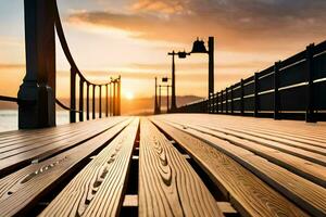 een houten promenade met een zonsondergang in de achtergrond. ai-gegenereerd foto