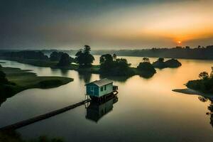 een klein huis zit Aan de rand van een rivier- Bij zonsopkomst. ai-gegenereerd foto