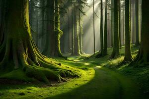 een pad door een Woud met bomen en zonlicht. ai-gegenereerd foto