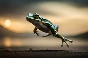 een kikker jumping in de lucht Bij zonsondergang. ai-gegenereerd foto