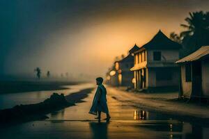 een jongen wandelingen langs de strand Bij zonsondergang. ai-gegenereerd foto