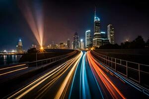 een lang blootstelling fotograaf van een stad horizon Bij nacht. ai-gegenereerd foto