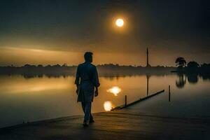 een Mens wandelen langs de water Bij zonsopkomst. ai-gegenereerd foto