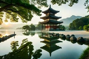 een pagode zit in de midden- van een meer. ai-gegenereerd foto