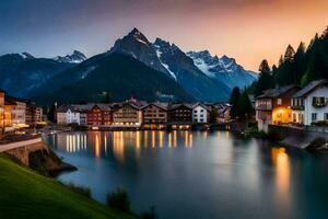 foto behang bergen, de nacht, meer, Zwitserland, de Alpen, de Alpen. ai-gegenereerd