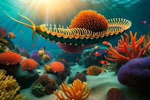 een onderwater- tafereel met kleurrijk koralen en zee leven. ai-gegenereerd foto