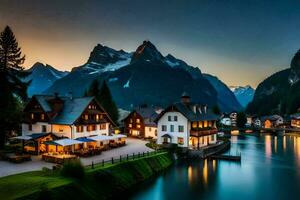 foto behang de lucht, bergen, water, huis, meer, bergen, huis, meer,. ai-gegenereerd