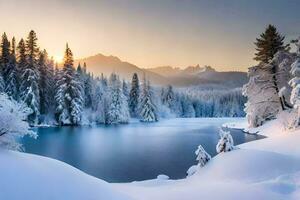 een mooi winter tafereel met bomen en een meer. ai-gegenereerd foto