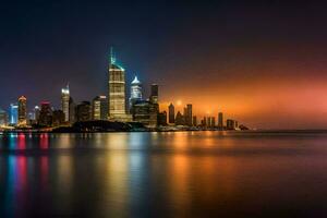 de stad horizon Bij nacht met lichten reflecterend uit de water. ai-gegenereerd foto