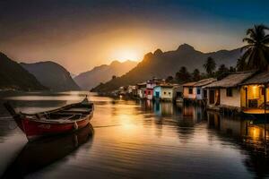 een boot zit Aan de water Bij zonsondergang in voorkant van huizen. ai-gegenereerd foto