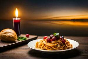 spaghetti met veenbes saus en brood Aan een houten tafel. ai-gegenereerd foto