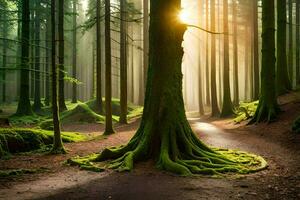 een pad door een Woud met bomen en zonlicht. ai-gegenereerd foto