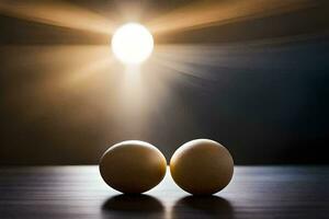 twee eieren zitten Aan een tafel in voorkant van een helder licht. ai-gegenereerd foto