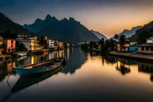 een boot zit Aan de water in voorkant van een berg. ai-gegenereerd foto