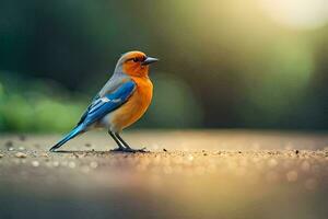 een blauw en oranje vogel staand Aan de grond. ai-gegenereerd foto