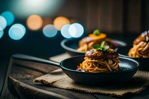 spaghetti in een kom met saus en vlees. ai-gegenereerd foto