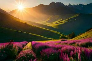 de zon stijgt over- lavendel velden in de bergen. ai-gegenereerd foto