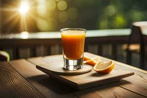 een glas van oranje sap Aan een houten tafel. ai-gegenereerd foto