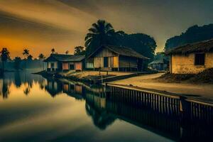 een dorp Bij zonsondergang met huizen Aan de water. ai-gegenereerd foto