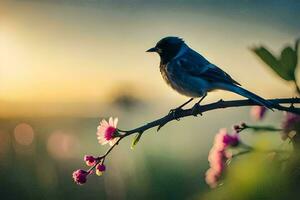 een vogel zit Aan een Afdeling in voorkant van een zonsondergang. ai-gegenereerd foto