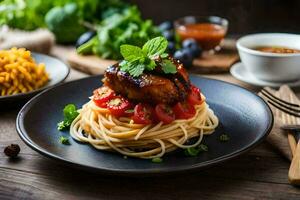 kip borst met spaghetti en tomaten Aan een zwart bord. ai-gegenereerd foto