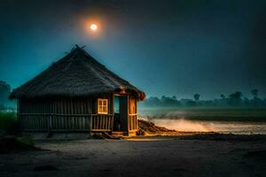 een hut zit Aan de kust van een rivier- Bij nacht. ai-gegenereerd foto