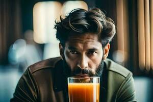 een Mens met een baard en een glas van oranje sap. ai-gegenereerd foto