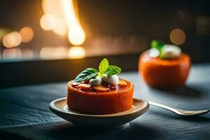 twee klein desserts Aan een bord met een lepel. ai-gegenereerd foto