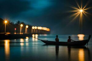 twee mensen in een boot Bij nacht Aan de water. ai-gegenereerd foto