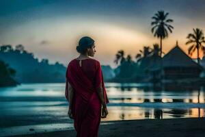 een vrouw in een rood sari staat Aan de strand Bij zonsondergang. ai-gegenereerd foto
