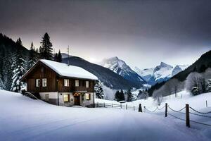 een huis in de sneeuw met bergen in de achtergrond. ai-gegenereerd foto