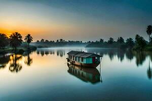 een boot is drijvend Aan de water Bij zonsopkomst. ai-gegenereerd foto