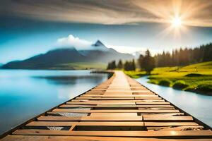 een houten brug over- een meer met bergen in de achtergrond. ai-gegenereerd foto
