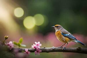 een vogel zit Aan een Afdeling met roze bloemen. ai-gegenereerd foto