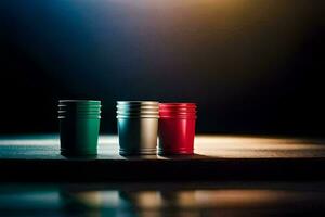 drie rood, groen en blauw plastic cups Aan een tafel. ai-gegenereerd foto