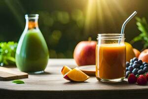 een glas van sap en fruit Aan een tafel. ai-gegenereerd foto