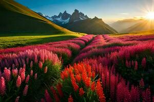 de zon schijnt over- een veld- van roze bloemen. ai-gegenereerd foto