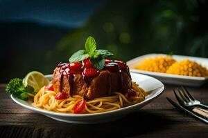 een bord van spaghetti met tomaat saus en een vork. ai-gegenereerd foto