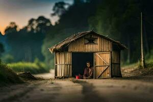 een Mens zit in voorkant van een hut in de midden- van een aarde weg. ai-gegenereerd foto