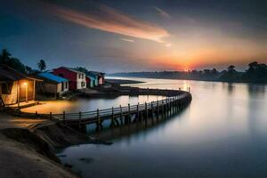 een lang blootstelling fotograaf van een rivier- Bij zonsondergang. ai-gegenereerd foto